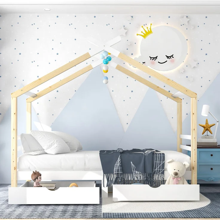 Merax Kinderbett Hausbett mit Schubladen, Massivholz mit Lattenrost, Kiefernholz Hausbett , Kinder und Jugendzimmer, weiß+holzfarbe (90x200cm) – Bild 3