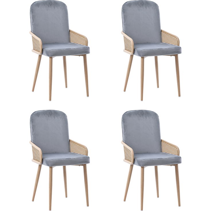Esszimmerstuhl aus Samt, 4er-Set, Rattan-Design, Wohnzimmer, Schlafzimmer, Mit vier Metallbeinen (Holzmaserungseffekt), Grau – Bild 5