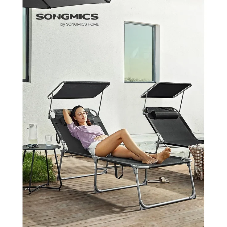 Songmics Sonnenliege mit Sonnenschutz, Kopfstütze & verstellbarer Rückenlehne, klappbar, 200 x 71 x 38 cm, Schwarz – Bild 2