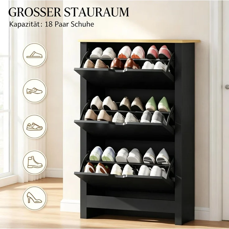 DESVIAE Garderobenschrank Schwarz aus Spanplatte – 72x112x26 cm – 3 Klapptüren – Bild 6