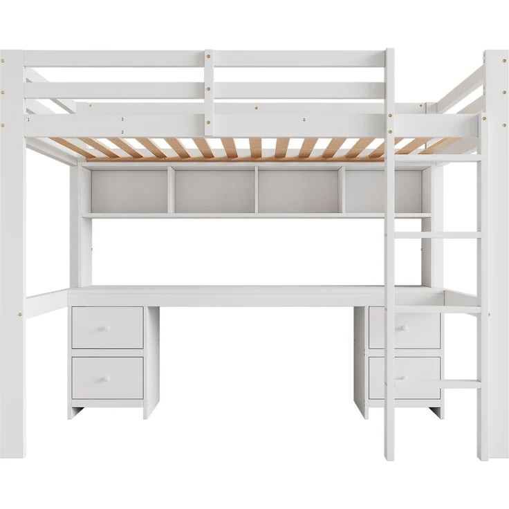 Hochbett 90x200 cm mit Schreibtisch und Stauraum,Kinderbett aus massivem Kiefernholz,Multifunktionsbett mit 4 Schubladen und 4 Regalfächern,Weiß – Bild 10