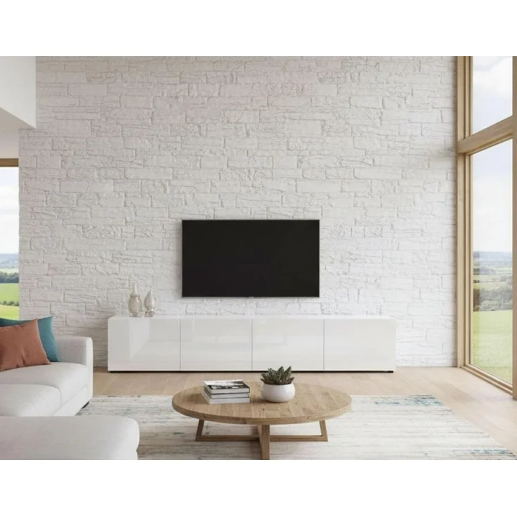 Dmora - Fernsehschrank Randfontein, Ständer für Wohnzimmerfernseher, Niedriges Wohnzimmer-Sideboard, TV-Ständerbasis, Made in Italy, 225x38h39 cm, Glänzendes Weiß – Bild 1