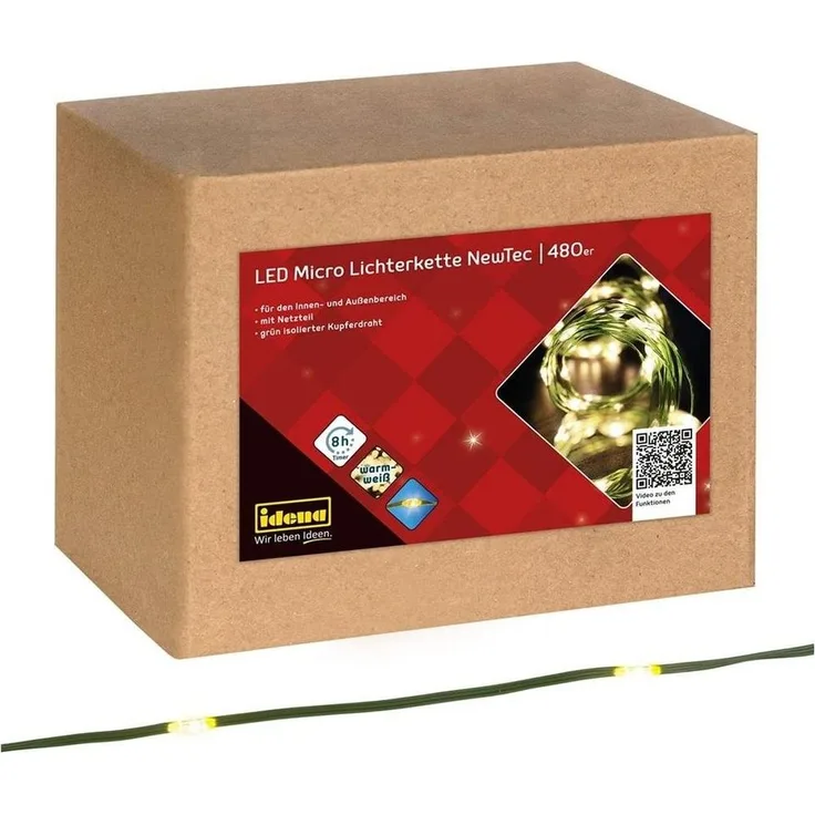Idena LED-Lichterkette 480er NewTec, Micro-LED, warmweiß, 52,9 m, Timer, für Innen und Außen