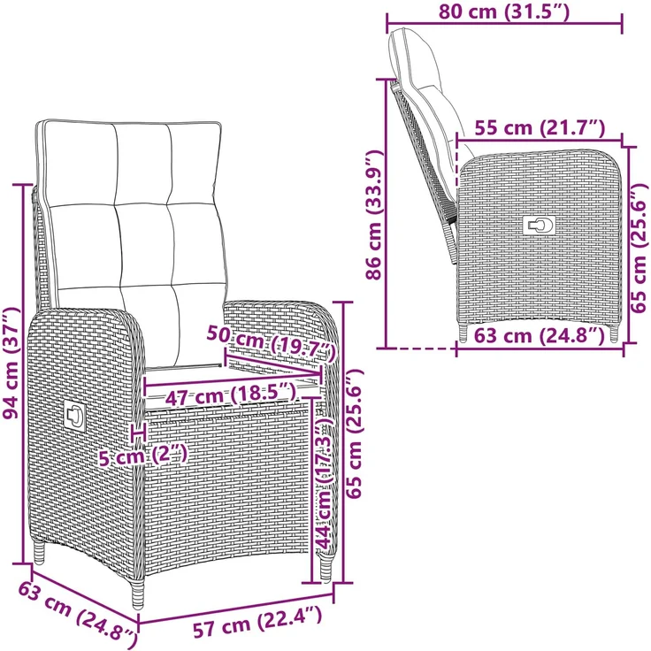 vidaXL Verstellbarer Gartenstuhl Schwarz und Türkis Poly-Rattan 42027159 – Bild 11