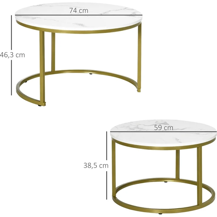 HOMCOM Couchtisch 2er-Set, Rund, mit Stahlgestell in Gold, Marmoroptik, stapelbar (Kaffeetisch, 2-St, Eckiger Beistelltisch), für Wohnzimmer, bis 30 kg belastbar, Weiß – Bild 3