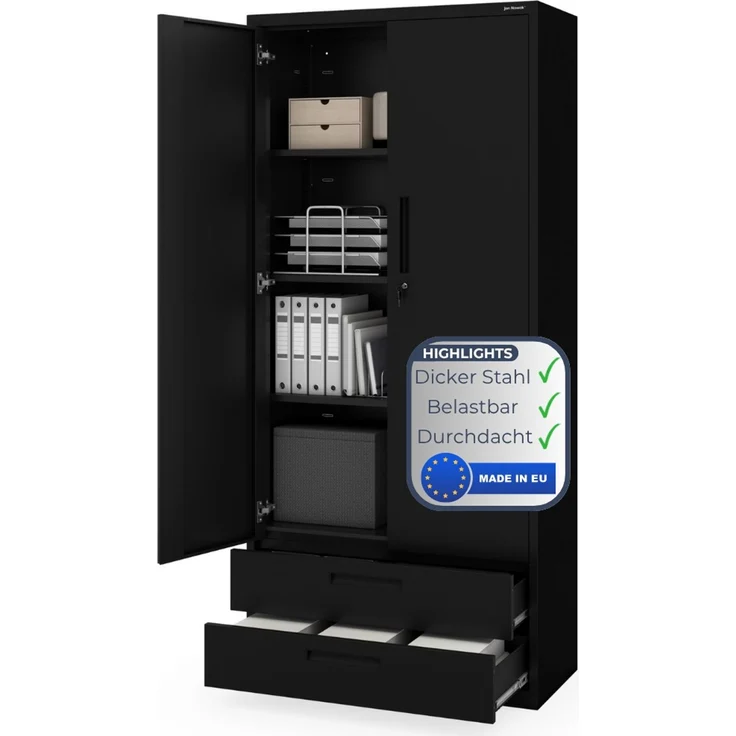Metallschrank mit Doppel-Schublade RUEL - 195x90x40cm Schwarz | Büroschrank Aktenschrank Stahlschrank Fachbodenschrank Werkstattschrank – Bild 1