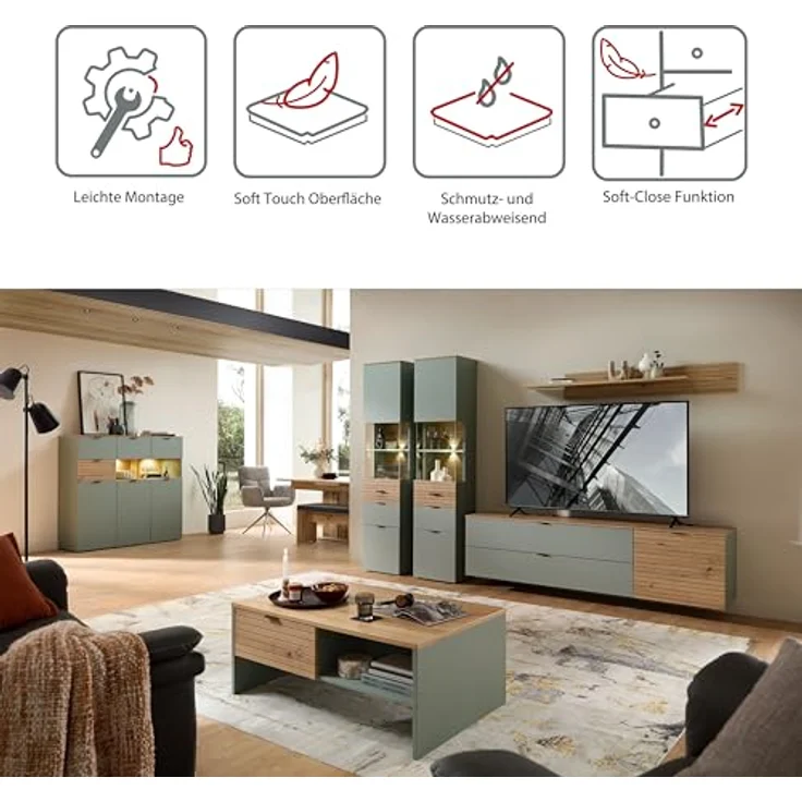Stella Trading INA Wohnwand Komplett-Set in Schilfgrün, Artisan Eiche Optik FSC-Zertifiziert - Moderne Schrankwand 5-teilig mit LED-Beleuchtung für Ihr Wohnzimmer - 320 x 200 x 44 cm (B/H/T) – Bild 5