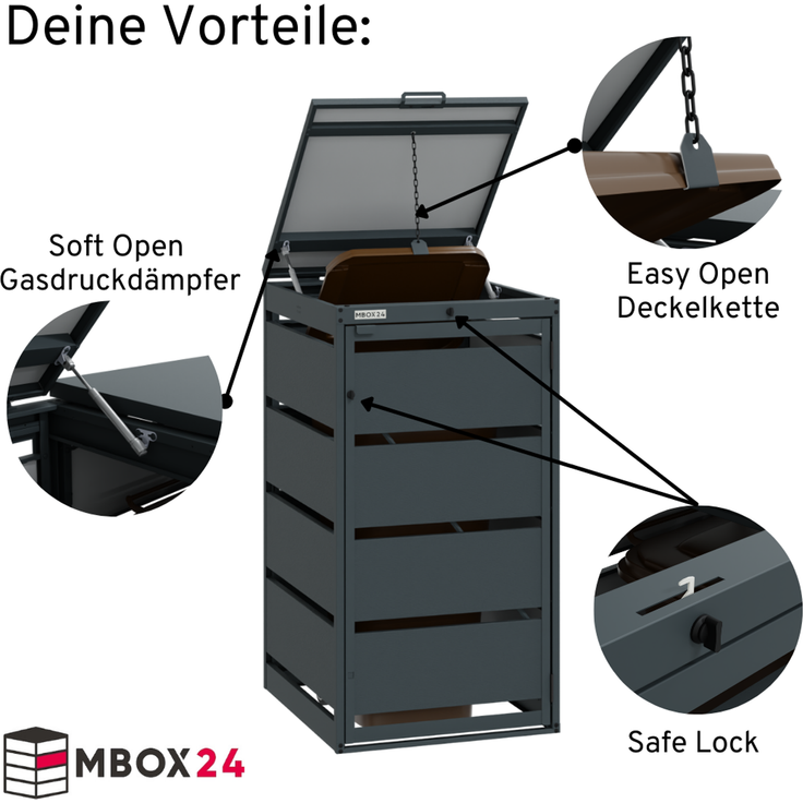 MBOX24 Classic Mülltonnenbox für 1 Mülltonne (240L) aus verzinktem Stahl, 1er Metall Mülltonnenverkleidung in Anthrazit, robust & wetterfest – Bild 4