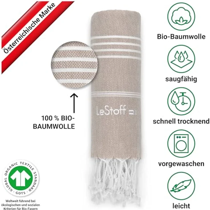 LeStoff Hamamtuch - 100% Bio-Baumwolle, 95 x 180 cm, vorgewaschen, saugstark, schnelltrocknend, multifunktional, beige – Bild 3