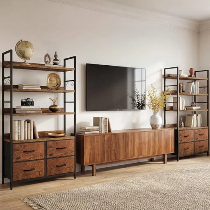 YITAHOME Industrie-Bücherregal, 4-stöckiges Bücherregal mit verstellbaren Einlegeböden und 4 Stoffschubladen, freistehendes Präsentationsregal mit Metallrahmen für Wohnzimmer, Rustikales Braun – Bild 4