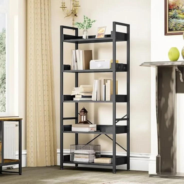 YITAHOME Bücherregal 5 Etagen, Offen Stehend Bücherregal, Hoch Schmal mit 4 Haken Industrielles Lagerregal für Wohnzimmer, Heimbüro, Schwarz – Bild 4