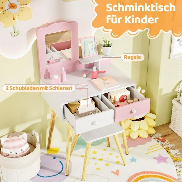 TLGREEN Schminktisch, 2-in-1 Kinderschminktisch mit Spiegel und Hocker (Spielkosmetiktisch aus Holzdesign, multifunktional als Schreibtisch & Maltisch), pink-weiße Kinderzimmer-Kommode mit Stauraum und Kippsicherung – Bild 2