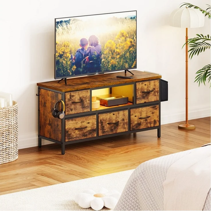Dripex Lowboard TV Schrank für Fernseher mit LED und Schubladen und offenen Regalen, mit RGB LED Beleuchtung – Bild 3