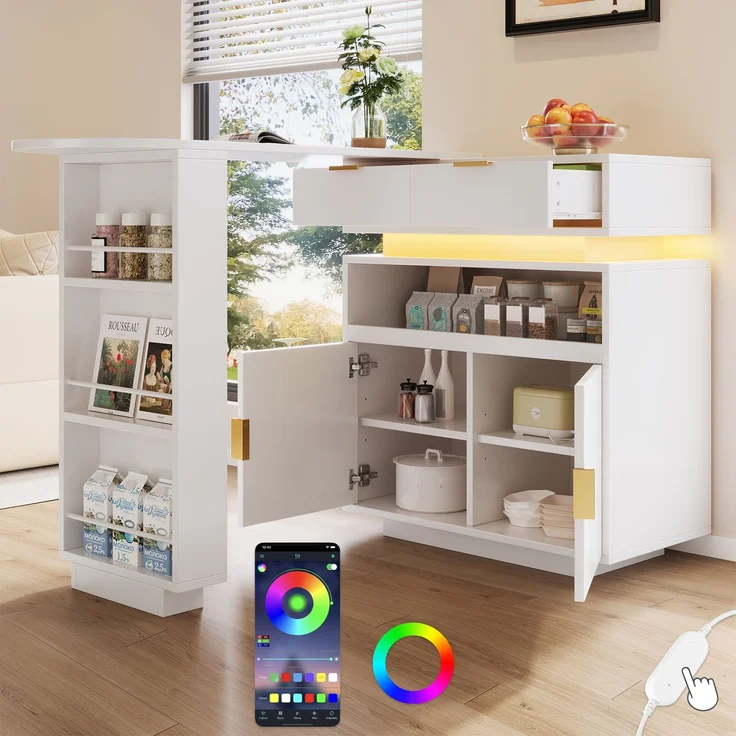 Merax Ausziehbarer Bartisch (115-183 × 40 × 99 cm), ausziehbare Kücheninsel, Bartisch mit Stauraum, LED‑Beleuchtung, 360° Drehfunktion, mobile Kaffeebar, geeignet für Küche und Esszimmer, Weiß – Bild 1