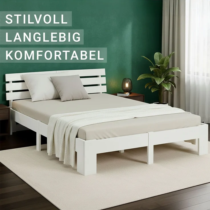 Holzbett mit Federkernmatratze 180x200 Bett Weiß Doppelbett Holzbettrahmen Massiv Holz Lattenrost – Bild 6