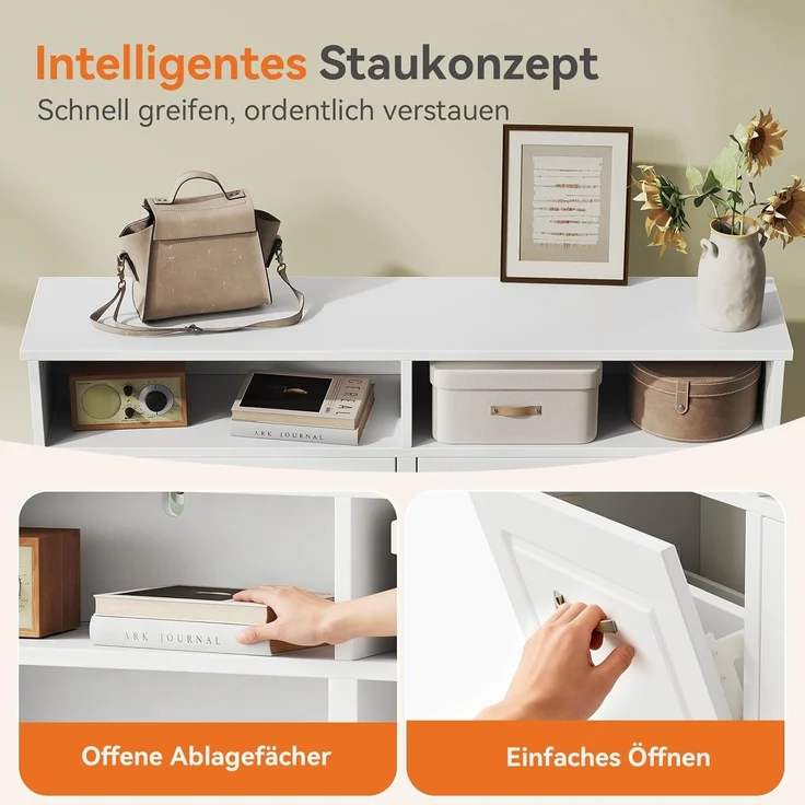 Sweetcrispy Schuhschrank mit 4 Klappen, schmaler & moderner Schuhkipper mit offenen Ablagefächern, verstellbare Trennwände, für Eingang/Flur, 104×24×90 cm, Weiß – Bild 4