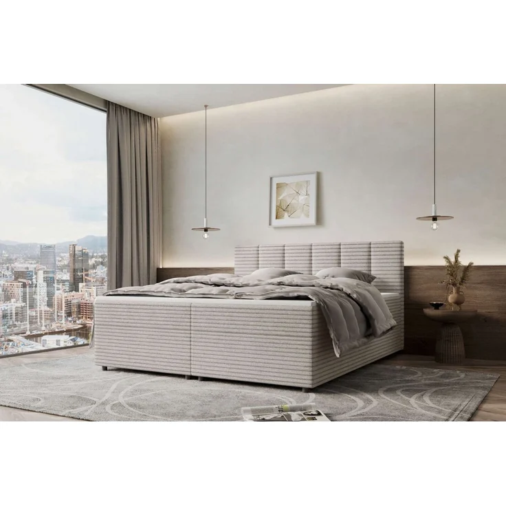 99rooms Bergamo Boxspringbett Cordstoff AMBIENCE Latte 200x200 cm Schaum Topper 6 cm – Bild 1