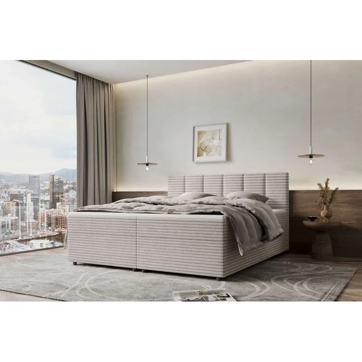 99rooms Bergamo Boxspringbett Cordstoff AMBIENCE Latte 200x200 cm Schaum Topper 6 cm