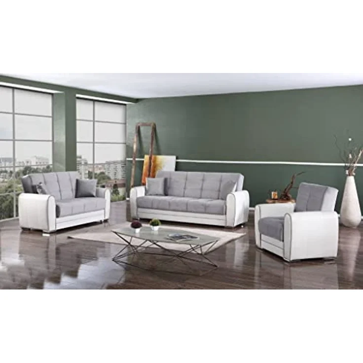 Dmora - Schlafsofa Pablito, Eck-Container-Schlafsofa aus Kunstleder und Stoff, Wohnzimmersofa mit klick-Klack-Öffnung und umkehrbarer Halbinsel, cm 163x84h91, Weiß und Grau – Bild 6