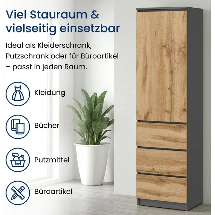 Home Collective Kleiderschrank Mehrzweckschrank Garderobenschrank mit 3 Einlegeböden & 3 Schubladen (ideal für Schlafzimmer, Flur oder Arbeitszimmer) platzsparender & vielseitiger Schrank 50x40x180 cm (BxTxH), anthrazit – Bild 2