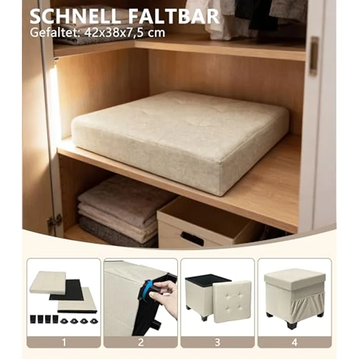 Zedelmaier Sitzhocker mit Stauraum, Hocker mit Beinen, Aufbewahrungsbox mit Deckel,Fußhocker, bis 150 kg belastbar, für Eingang, Wohnzimmer, Schlafzimmer (Beige) – Bild 6