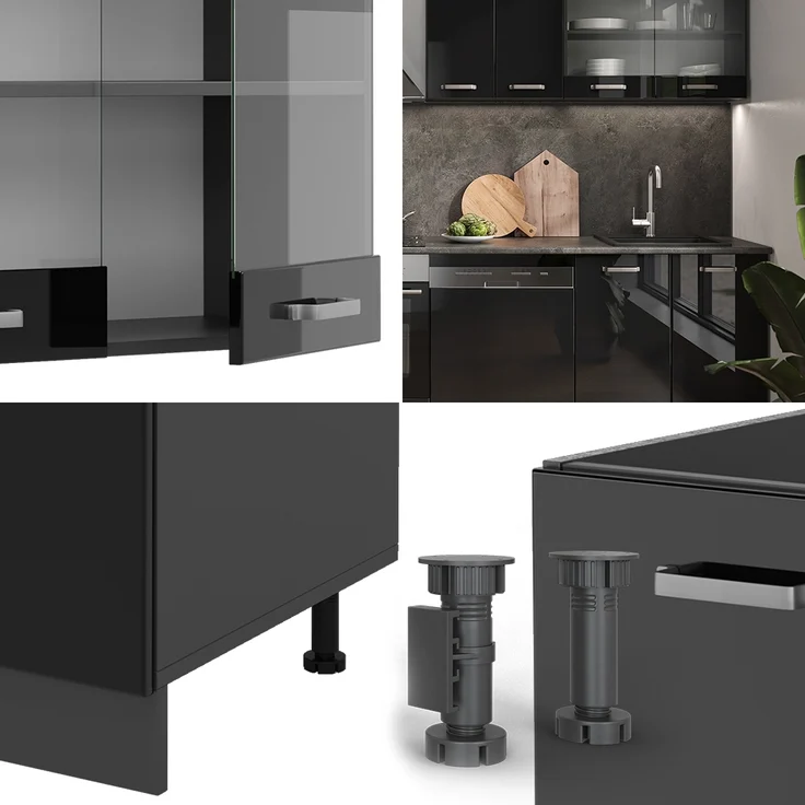 Küchenzeile R-Line Schwarz Hochglanz/Anthrazit 300 cm ohne Arbeitsplatte Vicco – Bild 5