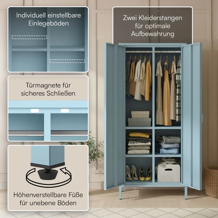 skølm 'Ituri' Kleiderschrank, Metall, 170x45x80 cm, blau, Garderobe mit 4 Fächern und 2 Kleiderstangen – Bild 3
