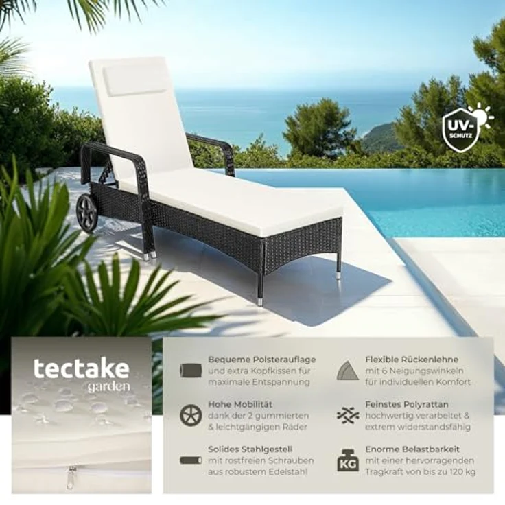 tectake Poly Rattan Gartenliege mit Rollen, 6-Fach höhenverstellbarer Liegestuhl, bis 120kg belastbar, Sonnenliege Rattan (wetterfest), Liege inkl. Polster und Kissen - schwarz/beige – Bild 4