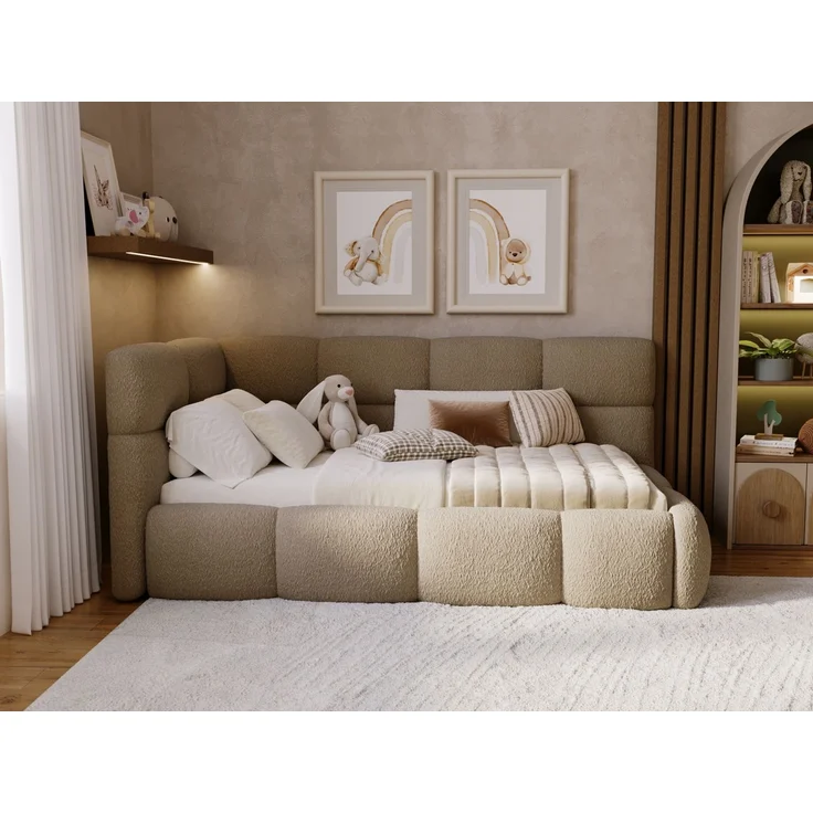 GRAINGOLD Modo One Jugendbett 90x200, Einzelbett mit Bettkasten, mit Lattenrost, Bouclé-Stoff, Rechts, Braun – Bild 5