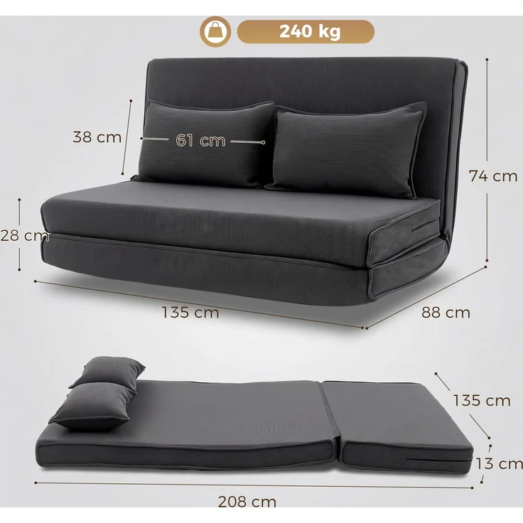 Wohnora-Bodenstuhl mit Rückenlehne, Cord-Klappsofa als Gästebett, Verstellbare Rückenlehne, Breiter Sitz, Dunkelgrau,H 74cm x T 135cm x B 88cm – Bild 4