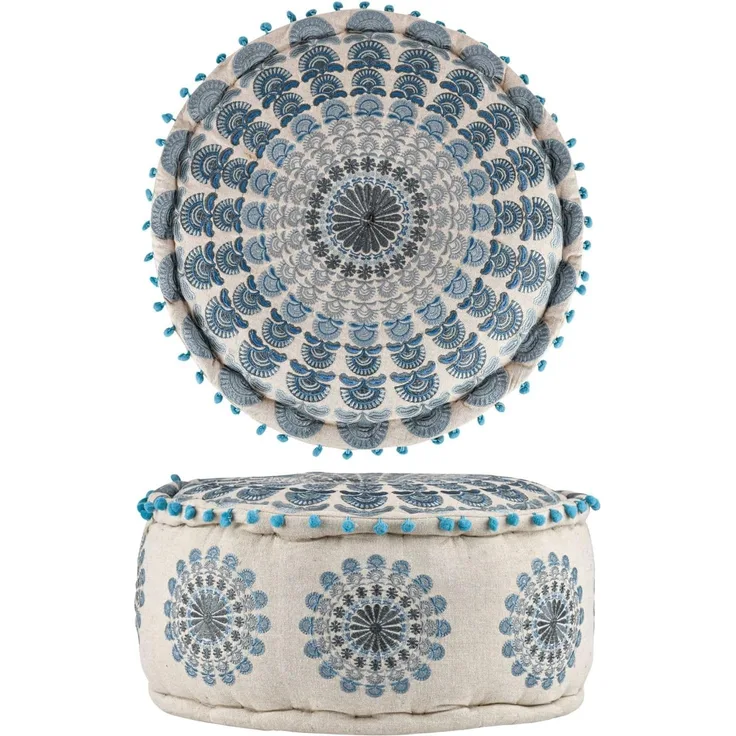Marrakesch Orient & Mediterran Interior Pouf Pouf Garet Blau, runder Baumwoll-Sitzpouf bestickt 50x25 cm (1-St), Handarbeit
