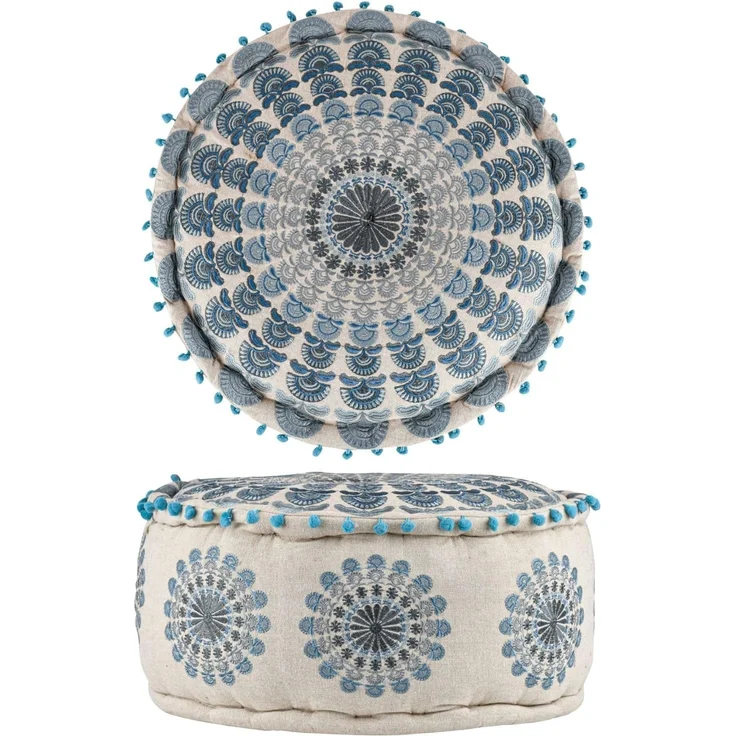 Marrakesch Orient & Mediterran Interior Pouf Pouf Garet Blau, runder Baumwoll-Sitzpouf bestickt 50x25 cm (1-St), Handarbeit – Bild 1