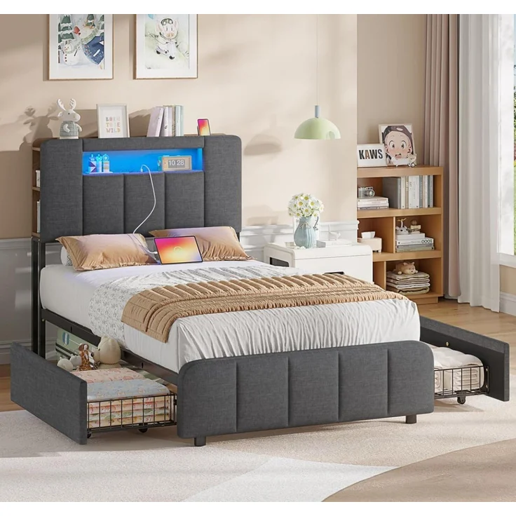 MSMASK Polsterbett mit 2 Schubladen, LED-Beleuchtung und Ladestation (Ohne Matratze), Kinderbett Jugendbett Einzelbett 90x200 cm – Bild 2