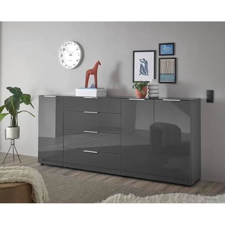 Stella Trading Sideboard Kommode SANTORIN Anthrazit mit Glasfront, Schrank Korpus in Anthrazit mit Oberboden in Glas und Schubladen für Ihren Wohnbereich - 226 x 99 x 40 cm (B/H/T) – Bild 9
