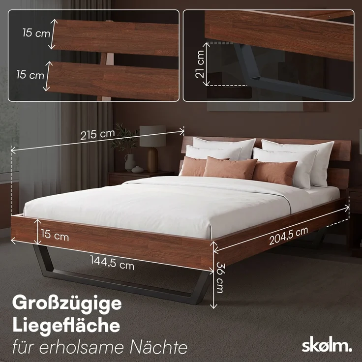 skølm 'Alver' Bett 140x200 cm, Bettgestell, natur geölt, Massivholzbett aus Eiche mit Metallkufen, Walnuss Optik, Bettkopf 2 Streben – Bild 8