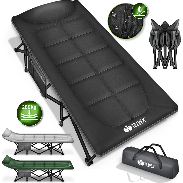 tillvex® Campingbett Grün 210 x 80 x 40 cm klappbar mit Tragetasche bis 280 kg | Campingliege extra breit | Feldbett Karpfenliege für Outdoor & Indoor | Klappbett Gästebett faltbar Garten Camping Angeln Festival Reise – Bild 1