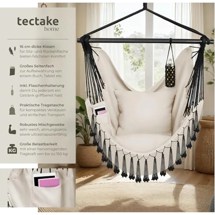tectake Hängesessel Malika, Beige, Ultrabequemer Hängesitz im Boho-Style mit Kissen, Bücherfach und Getränkehalterung, 100x150x150 cm – Bild 3