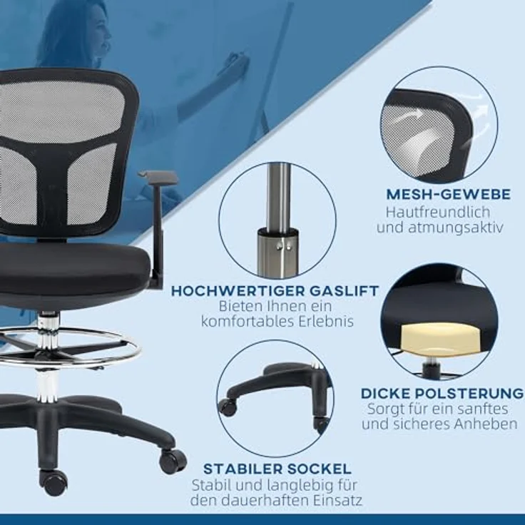 Vinsetto Ergonomischer Bürostuhl, Schwarz, Höhenverstellbar mit Lendenwirbelstütze und klappbaren Armlehnen – Bild 7