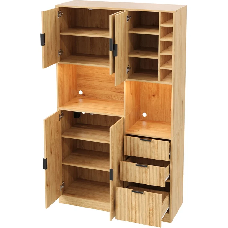 ZUBALIYA Weinschrank 105x40x180 cm, mit LED-Beleuchtung, mit Steckdosen, mit verstellbaren Einlegeböden, aus MDF, Natur – Bild 10