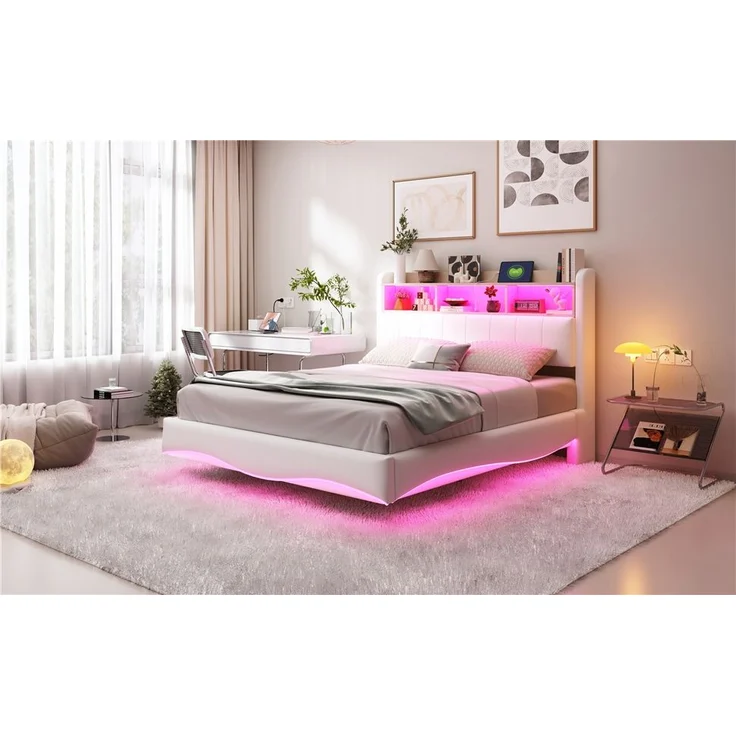 Beiges Schwebebett 140x200 cm Mit LED Beleuchtung Und USB Type C Anschlüssen Doppelbett Mit Stauraum Modernes Design 250 Kg Tragkraft – Bild 3