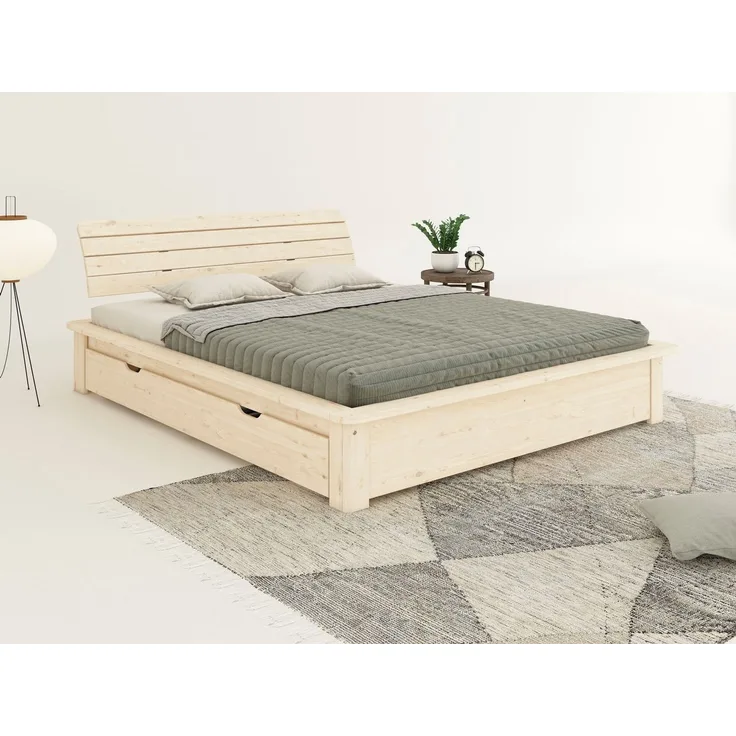 Home affaire Massivholzbett Antri, Futonbett, ergonomisch geformtes Kopfteil, stilvolles Design, Rahmen zur Ablage von Smartphone, mit Lattenrost, Bettkasten optional