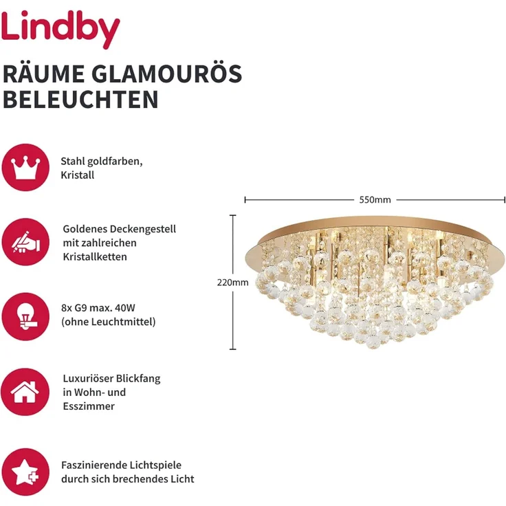 Lindby Deckenleuchten Gillion, Gold / Messing IP20, 8 x 8 W LED – Bild 2