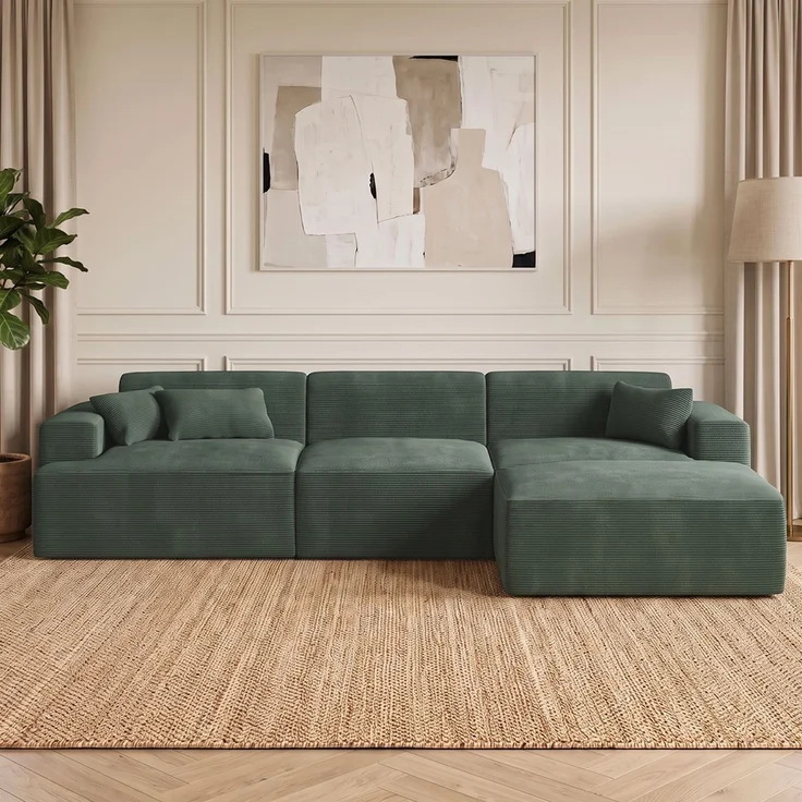 skølm 'Freki' Cloud Sofa 3 Sitzer mit Hocker, Vollschaumcouch mit Federkern und Vakuum-Kompression, kein Aufbau erforderlich, mit 3 Kissen, Cord dunkelgrün – Bild 1