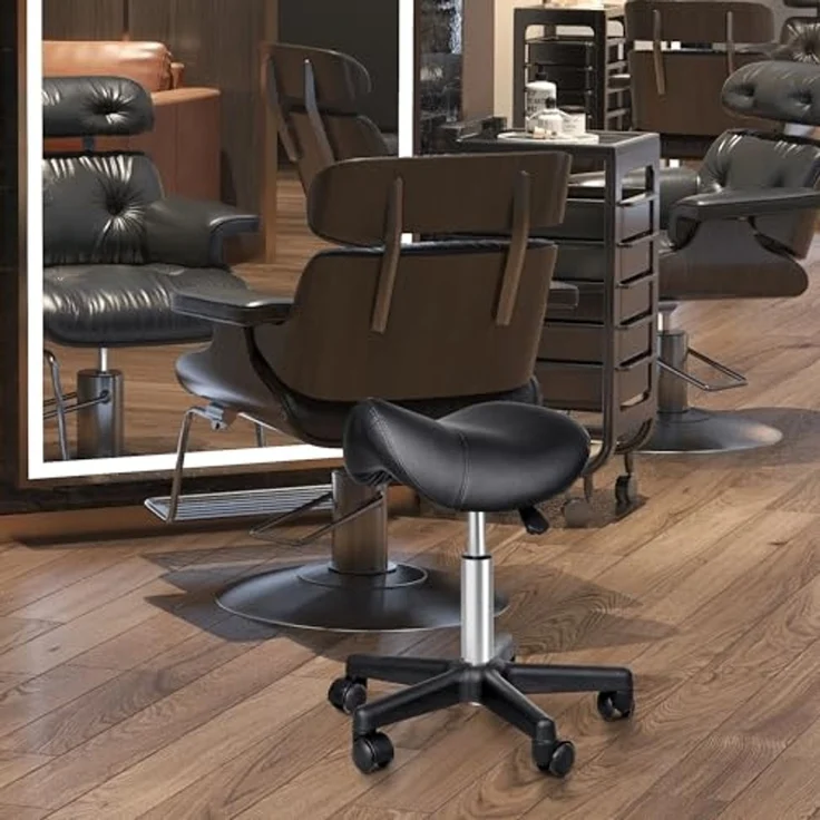 HOMCOM Rollhocker Höhenverstellbarer Drehhocker Arbeitshocker mit Rädern Drehbarer Salonstuhl Sitzhocker Salon Hocker Kunstleder Schwarz 35 x 38 x 43-55H cm – Bild 6