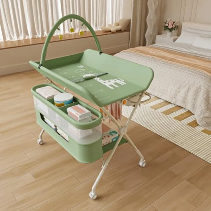 Wickeltisch, zusammenklappbar, mit Aufbewahrungskorb, Struktur aus Eisen, max. Belastung 25 kg, für Neugeborene, ergonomisches Design, Wickeltisch, 75 x 68 x 83–91 cm (B) Grün – Bild 6