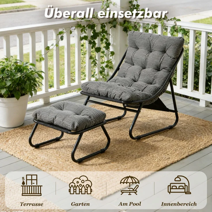 LVHOM Sessel mit Hocker, Gepolsterter Loungesessel aus Cord mit Metallgestell, ergonomischer Relaxsessel für Wohnzimmer und Schlafzimmer, Grau – Bild 6