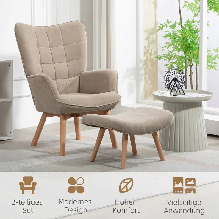 Akzentsessel mit Hocker, Relaxsessel in Cord-Optik, Armlehnstuhl mit Holzbeinen, für Wohnzimmer, Hellbraun--Khaki--80x72x101cm--YOUDENOVA – Bild 8