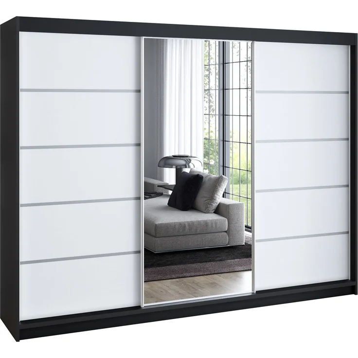 A&J MöbelLand 'Viluno' Schwebetürenschrank mit 4 Schubladen und Spiegel, Spanplatte, 215 x 59,5 x 200 cm, Weiß / Weiß / Schwarz – Bild 1