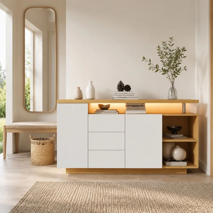 DESVIAE Sideboard mit LED-Beleuchtung und 3 Schubladen, 140x70x40 cm, Spanplatte, Weiß und Eiche hell – Bild 2
