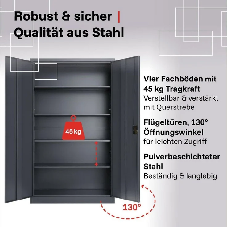 LagerZwei Aktenschrank Stahlschrank 195x100x50 cm (Packung, 2-St, 2er-Set) 3-fach verriegelt, 4 Böden, bis 60 Ordner, Flügeltüren 130° – Bild 2